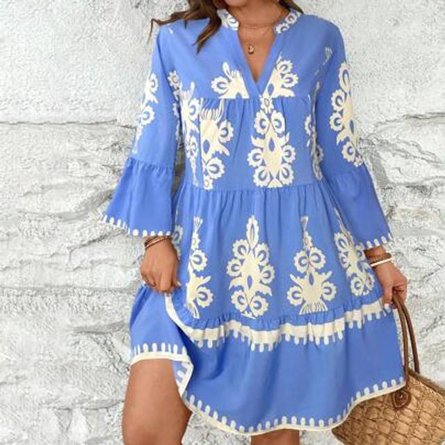 SHEIN Plus Size Vacation Flowers Babydoll Dress Vacation Outfits Women Bohemia,Beach Dress Sundress,Holiday Outfits Boho