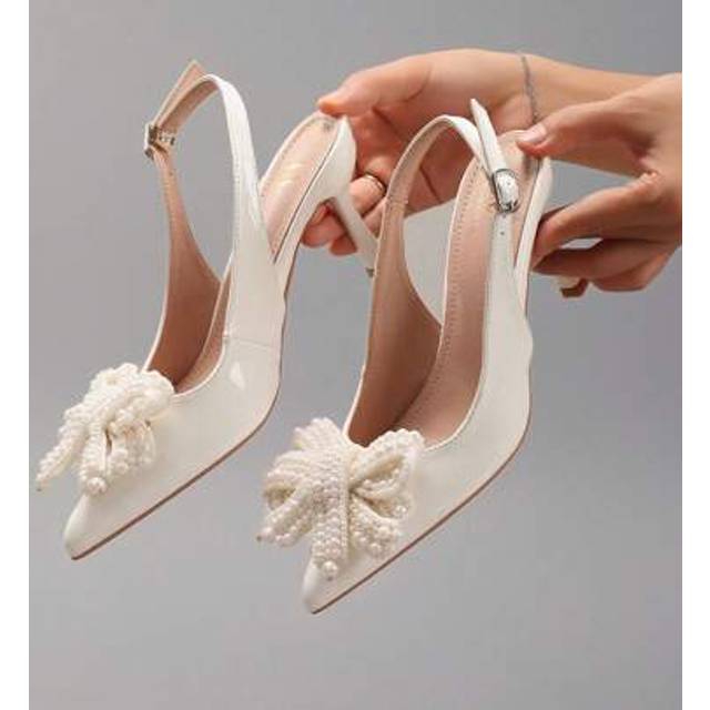 SHEIN Faux Pearl Bow Decor High Heels, PU Patent Leather Sexy Pointed Toe Women Wedding Shoes For Banquet Party, White Stilettos With Ankle Strap