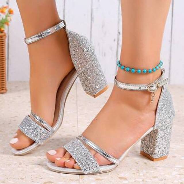 SHEIN Women&#39;s Open Toe High Heel Sandals, Women Peep Toe Chunky/Low Heel Dress Party Shoes, Strap Buckle, Chunky Heel, Glitter, Sparkling Uppers, 2024 New F