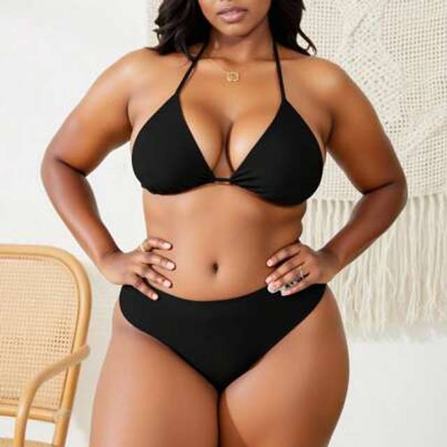 Slaydiva Summer Beach Plus Size Minimalist Bikini Set Halter Triangle Bra & High Waisted Bottom 2 Pieces Bikini