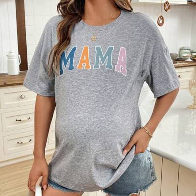 SHEIN Maternity Letter Print Round Neck Short Sleeve Nursing T-Shirt