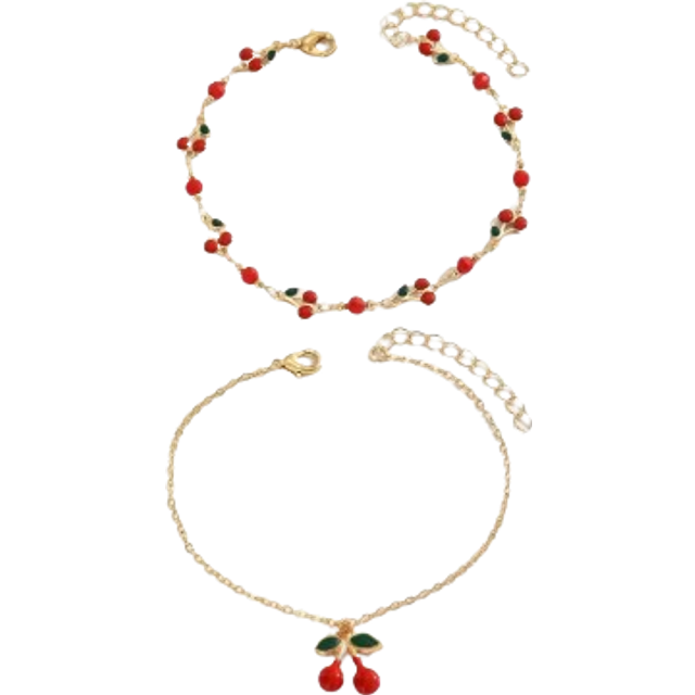 SHEIN 2pcs/Set Lovely Copper Material Glazed Cherry Pendant Anklet, Sweet & Fashionable Foot Jewelry Suitable For Daily Wear, Beach, Date, Party, Handmade C