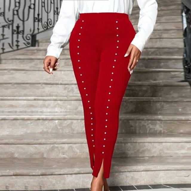 SHEIN Autumn And Winter Elegant Black Knitted Long Split Beaded Plus Size Leggings Professional Clothes Women Clothes High Waist Leggings