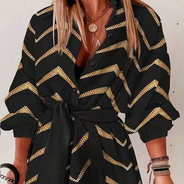 SHEIN Women&#39;s Contrast-Color Random Foil Wavy Striped Print Shirt Dress, Suitable For Music Festival