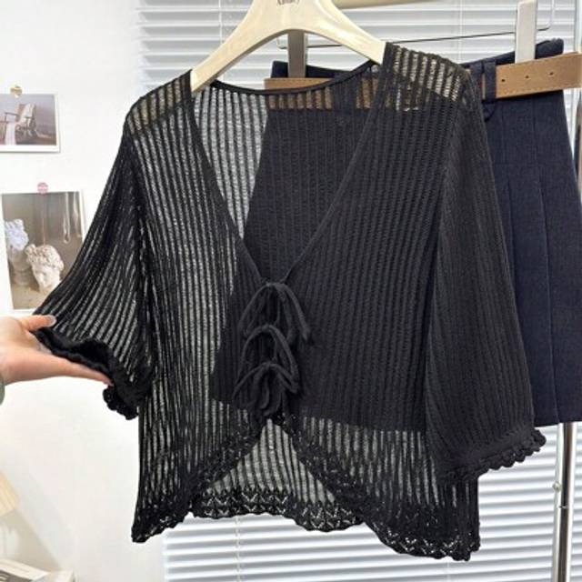Calvaya Plus Size Casual French Style Black Ruffle Trim Tie Front Cropped Lightweight Cardigan