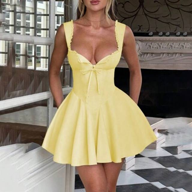 SHEIN Summer New Elegant Mini Cute Chic Sexy A-Line Dress, Cream Yellow