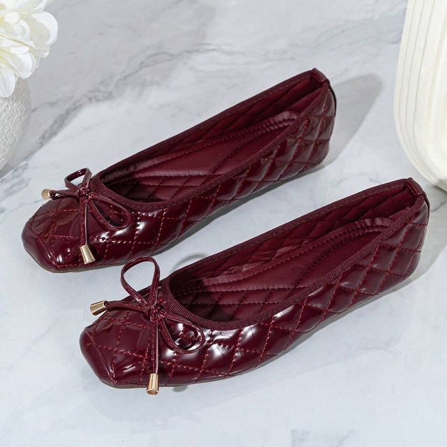 SHEIN New Stylish Square Toe Embroidered Shiny Soft Bottom Flats, Fairy-Like Versatile Bow Decor Comfortable Slip-On Casual Work Flat Shoes For Women, All S