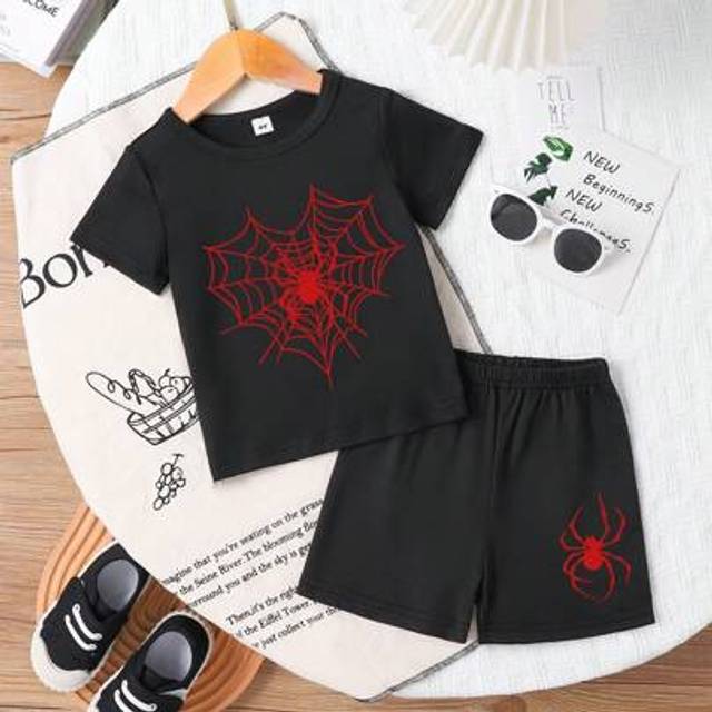 SHEIN Baby Boy Fashion Simple Spider Print Short Sleeve T-Shirt & Shorts Set, Suitable For Outings In Summer