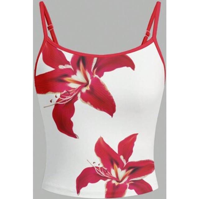 SHEIN Women&#39;s Casual Red Tropical Flower Printed Sexy Camisole Crop Top, Suitable For Summer Vacation