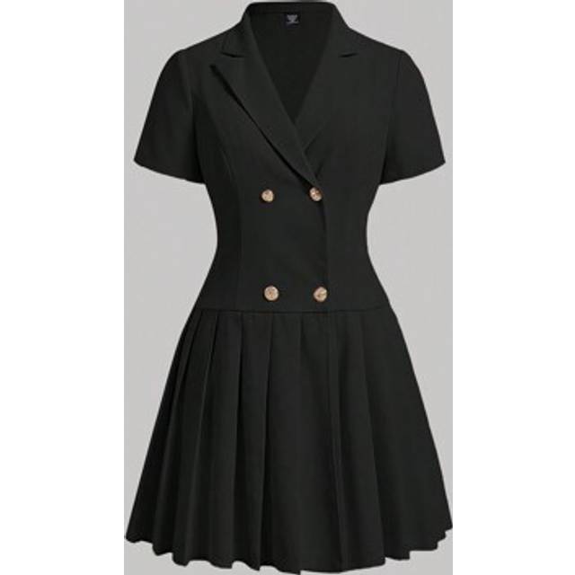 SHEIN Vintage Blazer Style Short Sleeve Dress With Lapel Collar, Waist Belt And Double Row Metal Button Decoration,Graduation Dress,Birthday Dresses For Wom
