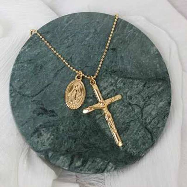 SHEIN 1pc Stainless Steel Virgin Mary Cross & Golden Coin Pendant Necklace, Minimalist Style Design, 18k Gold