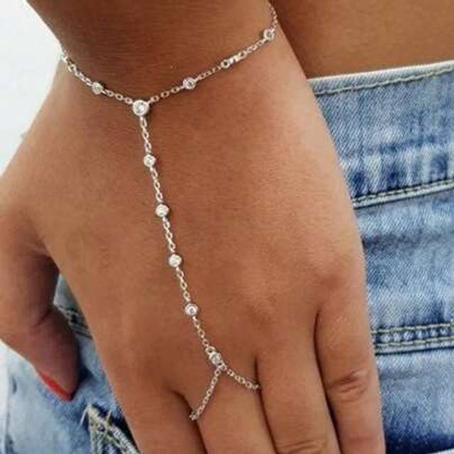 SHEIN 1pc Gold Bohemian Style Crystal Round Charm Chain Link Finger/Hand/Wrist Bracelet For Women, Summer Beach Jewelry