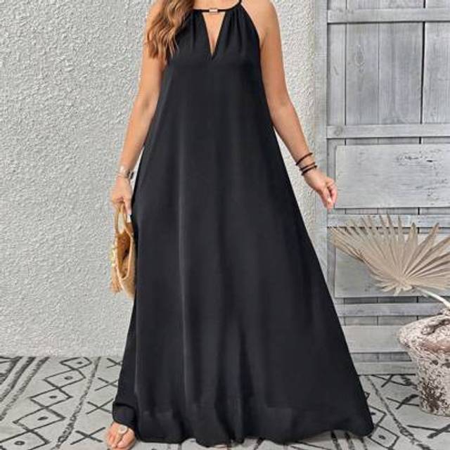 SHEIN Summer Loose Casual Spaghetti Strap V-Neck Solid Color Metal Decor Plus Size Women Dress Summer Women Clothes  Curve Plus   Vacation Women Clothes   S