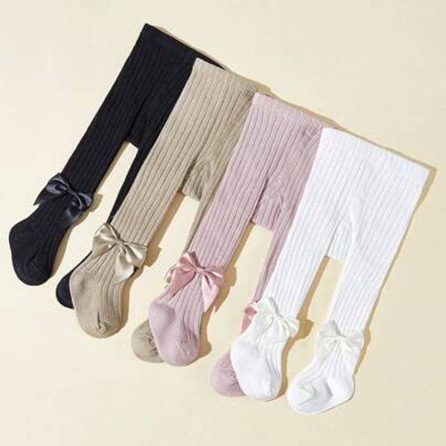 SHEIN 4pcs Baby Girls&#39; Solid Color Tights With Bowknot Decorations, Spring/Autumn