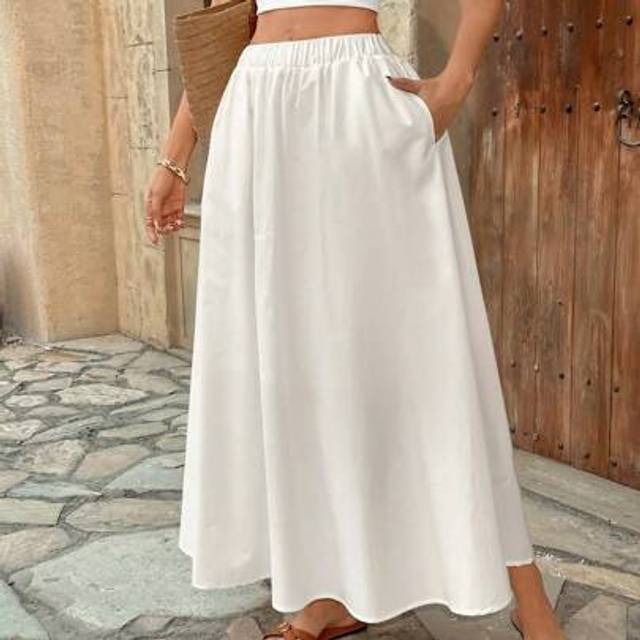 SHEIN Solid Color High-Waisted Casual Elastic Waist A-Line Skirt, Summer