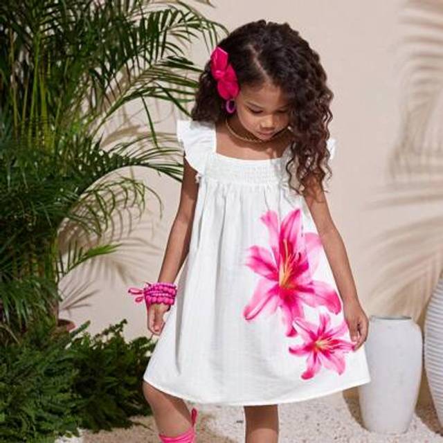 SHEIN Young Girls Cute Flower Print Ruffle Hem Loose A-Line Casual Vacation Home Outdoor Back To School Dress, Spring/Summer