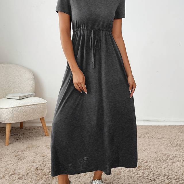 TEMU Women's Elegant Stretch Midi Dress - Fitted Top & Flowy Hem, Adjustable Waist Tie, Round Neck, Machine Washable, Black Dress For Casual & Formal Occasions, , Versatile Clothing, Comfortable Wear