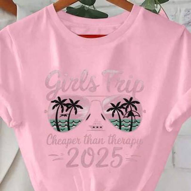 SHEIN Women&#39;s &#34;Girls Trip&#34; Graphic T-Shirt, Palm Tree & Sunglasses Beach Vacation Style, Suitable For Summer Holidays, Fashion Casual Solid Color Short Slee