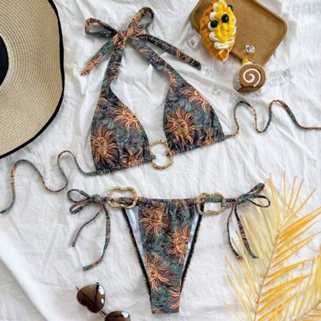 Soleia 2 Pieces Women&#39;s Retro Colorful Sunflower & Metal Decor Tie Front Bikini Set, Vacation/Holiday, Beach Vacation Outfit, Hawaii Vacation, Swim Suits For