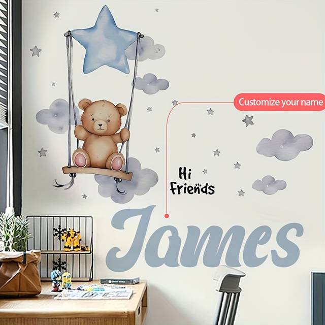 TEMU Customizable & Cloud Teddy Bear Swing Wall Decal - Adorable Cartoon Style, Removable Pvc Sticker For ' Bedroom, Living Room, Study, Or Dining Area, Personalized , Bear Home Decor