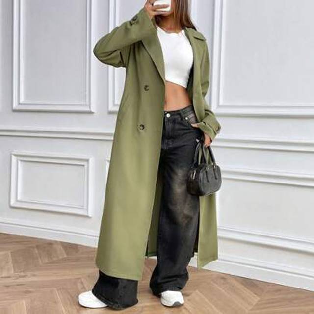 Flirla Women&#39;s Solid Color Double-Breasted Long Sleeve Loose Casual Trench Coat, Spring & Autumn
