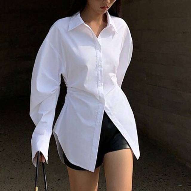 Calvaya Women&#39;s French Elegant Casual Cinched Waist Ruched Long Sleeve White Blouse, Suitable For Work And School