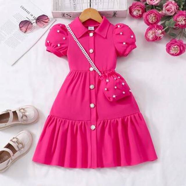 SHEIN Girls&#39; Solid Color Collared Puff Sleeves Cardigan Dress With Mini Bag, Summer