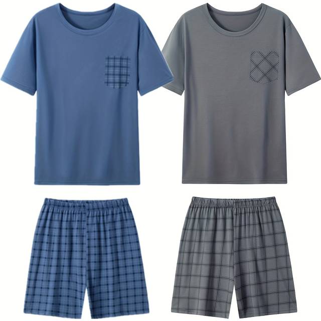 TEMU 4pcs Men's Summer Thin Pajama Set With Short Sleeve And Shorts, 2pcs Outfit For Men