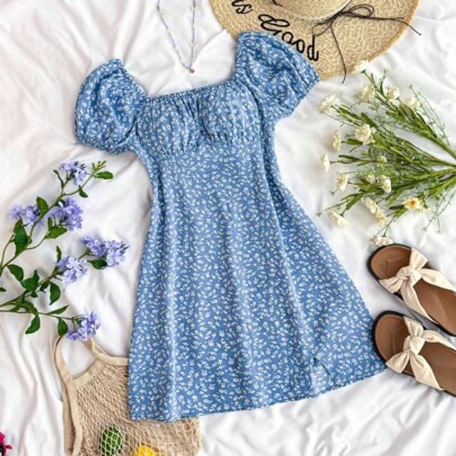 SHEIN Teen Girls Blue Vacation Mini Dress With White Polka Dots And Bubble Sleeves With A-Line And Side Slit,Summer Dresses ,Pastel Dresses