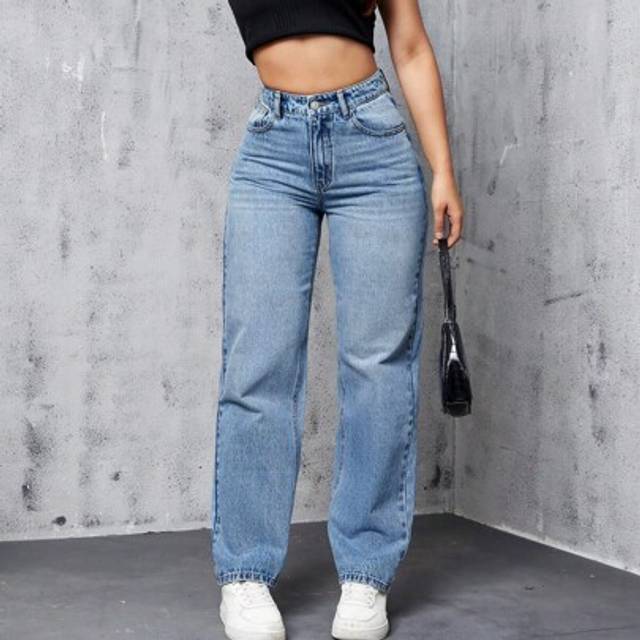 SHEIN Casual Washed High Waist Straight Leg Denim Jeans