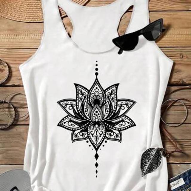 SHEIN Women&#39;s Boho Lotus Flower Graphic Tank Top, Summer Casual Sleeveless Racerback Top