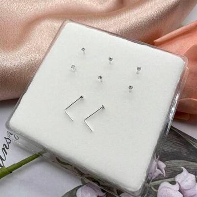 SHEIN 6pcs Mini 1.5mm Rhinestone L-Shaped Nose Studs & Earrings, 925 Sterling Silver Body Piercing Jewelry, For Women & Girlfriend