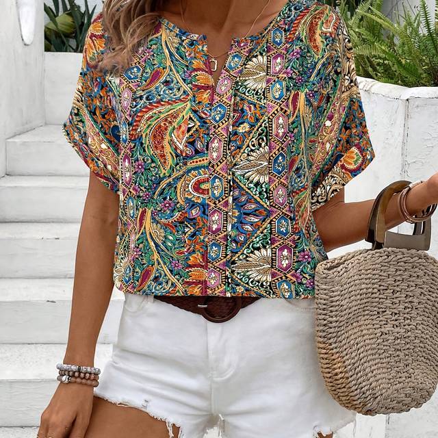 TEMU Women's Summer V-neck Off-shoulder Loose Bohemian Print Blouse - Colorful Geometric Pattern, Short Sleeves, Casual & Elegant For Vacation, Casual Attire| Blouse|loose
