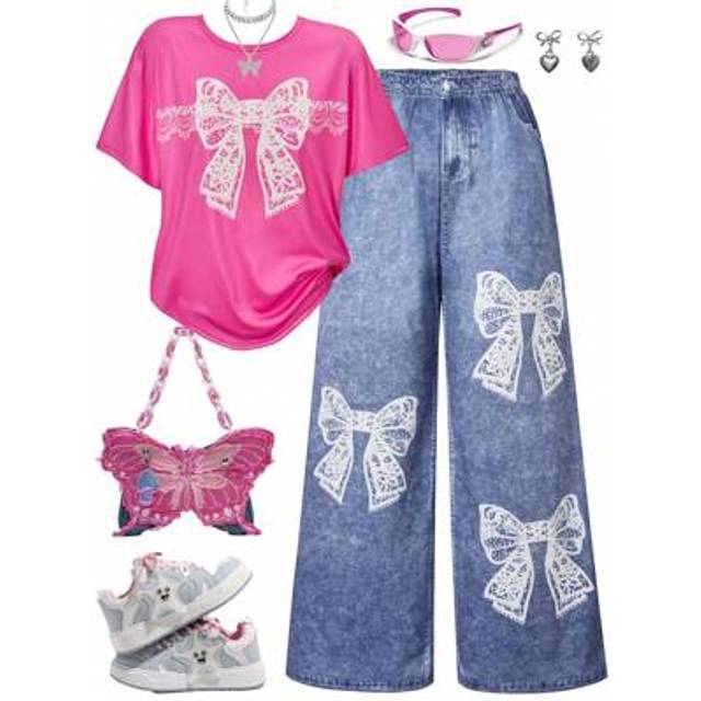 SHEIN 2pcs/Set Teenage Girls Bow Print Loose T-Shirt And Loose Wide Leg Pants Suit, Fashion Casual Street Wear, Spring/Summer