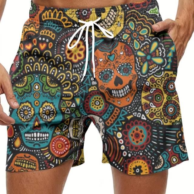 TEMU Men's Skull Shorts With Drawstring And Pockets, Chic And Trendy Shorts For Summer Beach And Holiday Leisurewear