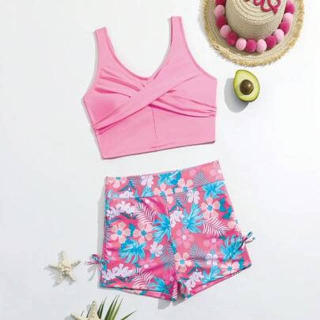 SHEIN Teen Girl Tropical Plant Print Criss-Cross Design Tankini Swimwear Set, Casual Resort Wear