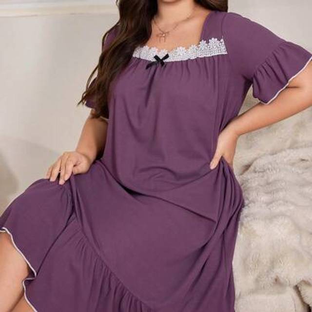 SHEIN Plus Size Loose Casual Embroidered Frill Trim Square Neck Nightdress
