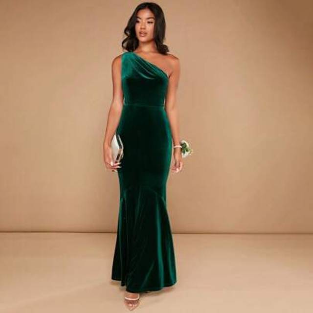 Elitara Asymmetrical Neck Mermaid Hem Velvet Bridesmaid Dress, Elegant Formal Evening Prom Wedding Guest Gown, For Graduation, Dinner Party Dress