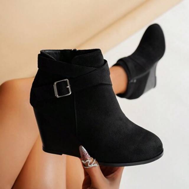 SHEIN Women&#39;s Autumn/Winter Round Toe Side Zipper Wedge Heel Casual Fashion Ankle Boots