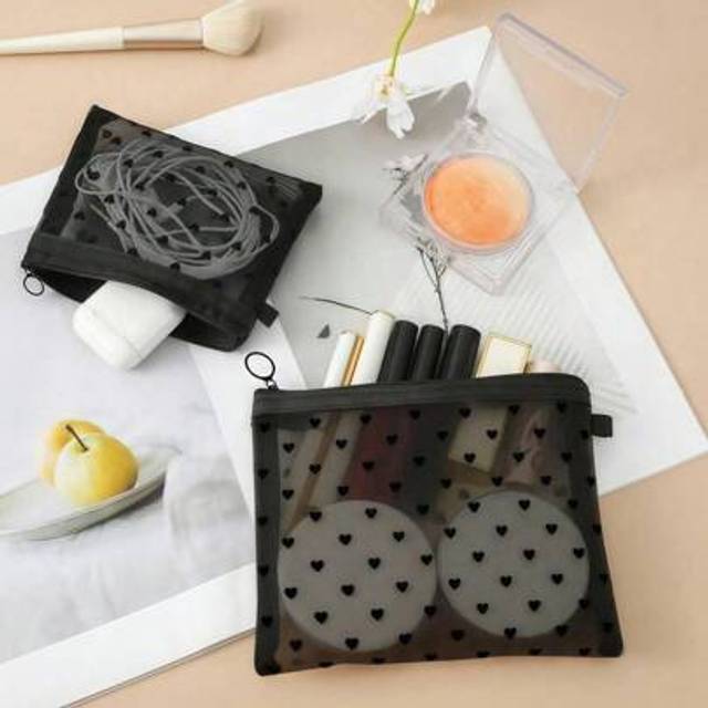 SHEIN 1pc Heart Print Mesh Makeup Bag Set, Mesh Cosmetic Bag Full Of Heart,Toiletry Bag Makeup Purse Bag With Zipper, Portable Mesh Storage Organizer Pouche