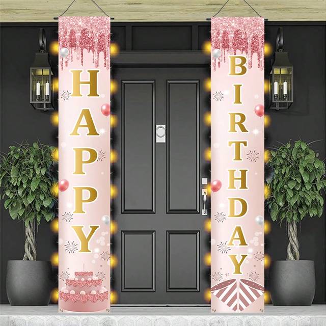 SHEIN 2pcs/Set 30*180cm Rose Gold Birthday Polyester Curtain With&#34;Happy Birthday&#34;, Birthday Party Room Background Decoration Supplies Background Cloth, Indo