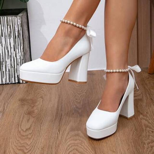 SHEIN Fashionable Pearl Bow Bridal Shoes, Bridesmaids Shoes, White Leather Platform Thick Heel Round Toe High Heels For Women