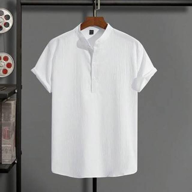 SHEIN Men&#39;s Half Button Short Sleeve Shirt , Slim Fit Up Plain All White Casual