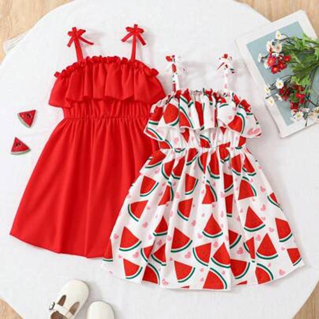 SHEIN 2pcs/Set Little Girls Fashionable & Cute Watermelon Print Slip Dress, Suitable For Party, Casual, Holiday, Indoor & Outdoor Wear