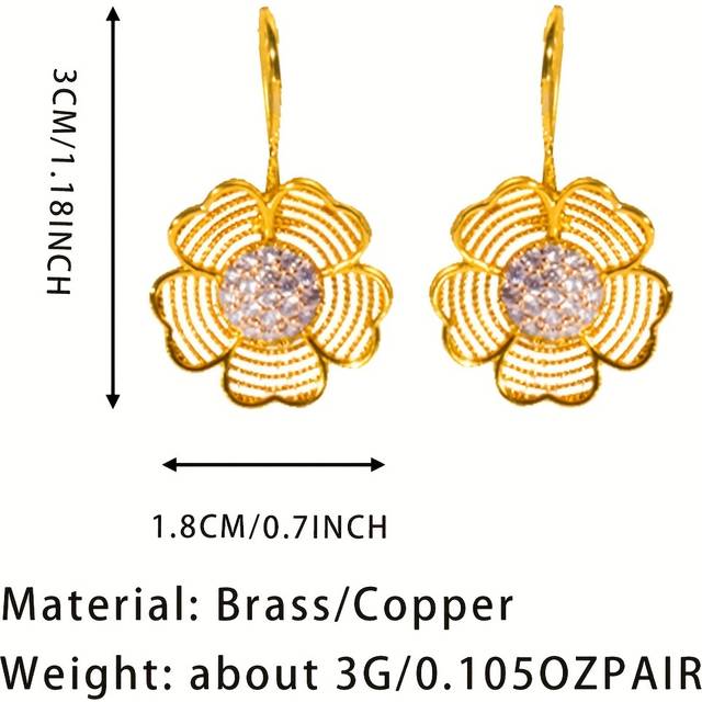 TEMU Chic 24k Gold-plated Copper Flower Earrings With Sparkling Zirconia - Casual Attire & Birthday Gifts