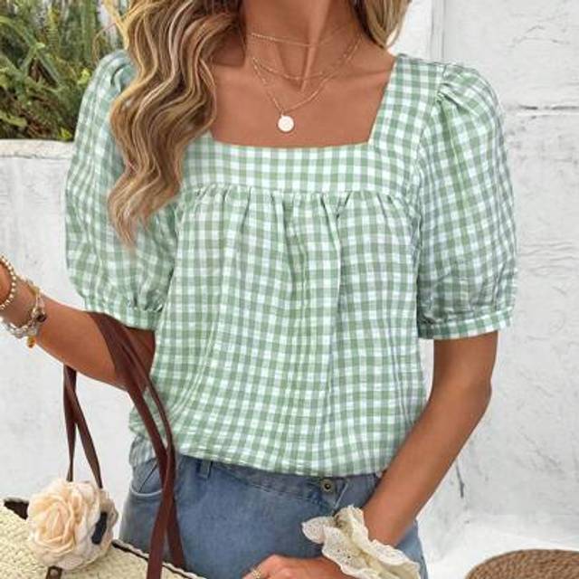 Luneh Women&#39;s Casual Square Neck Plaid Short Sleeve Blouse, Spring/Summer