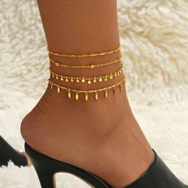 SHEIN 4pcs/Set Handmade Multi-Layer Bead Chain Anklets, Minimalist Style For Women Beach