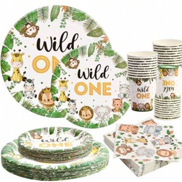 SHEIN 10pcs/20pcs/40pcs/50pcs/Set, Wild One Birthday Decoration Plate Set, Jungle Baby Shower Party Theme Paper Plates Napkins Cups Tableware Set Boys Girls