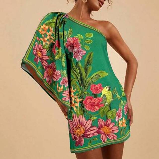 Travachic Floral Print One Shoulder Bell Sleeve Mini Dress For Women