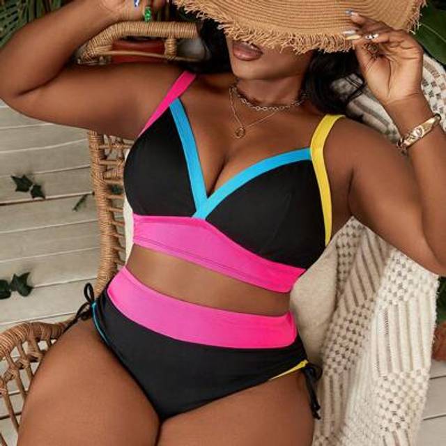 Slaydiva Plus Size 2pcs Colorblock High Waist Drawstring Side Minimal Ribbed Casual Vacation Sports Modest Swimwear For Women, Suitable For Beach, Pool & Party